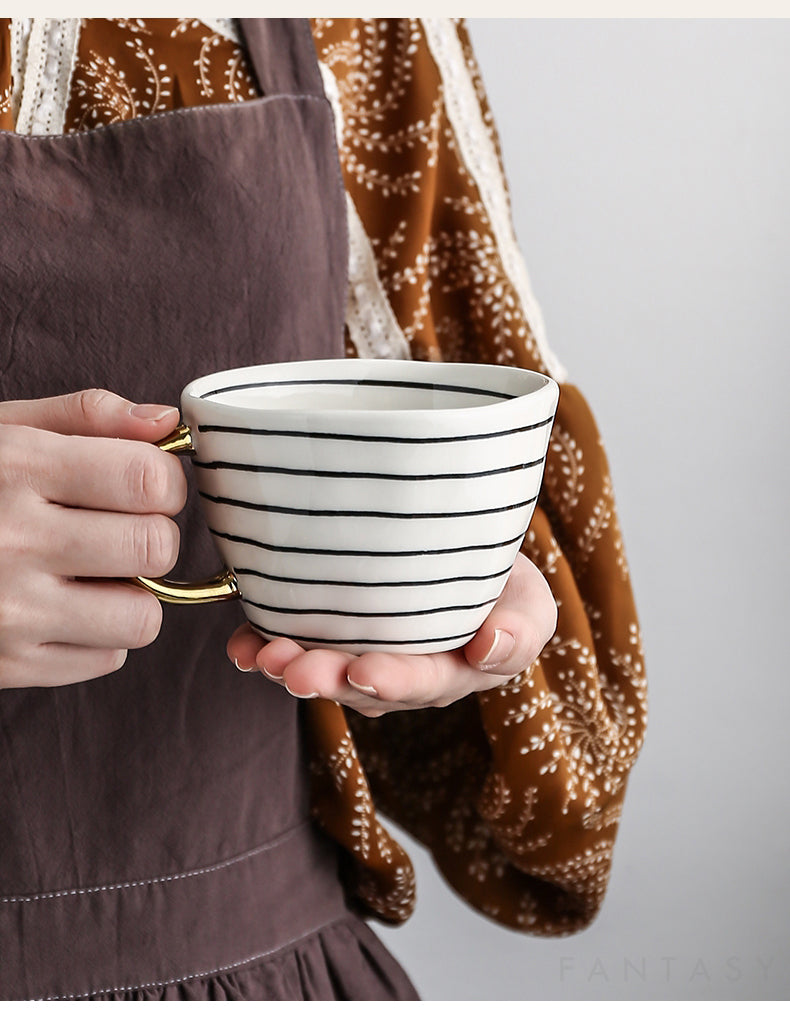 Handmade Geometric Ceramic Mugs With Gold Hand