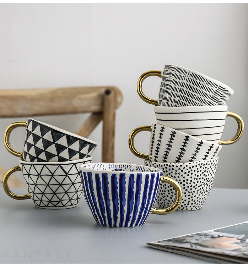 Handmade Geometric Ceramic Mugs With Gold Hand