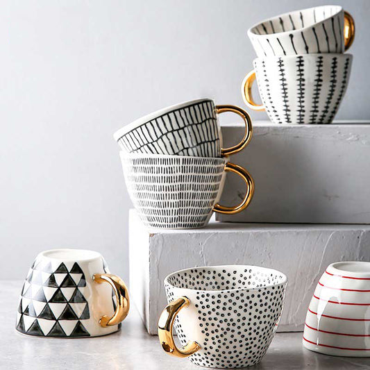 Handmade Geometric Ceramic Mugs With Gold Hand