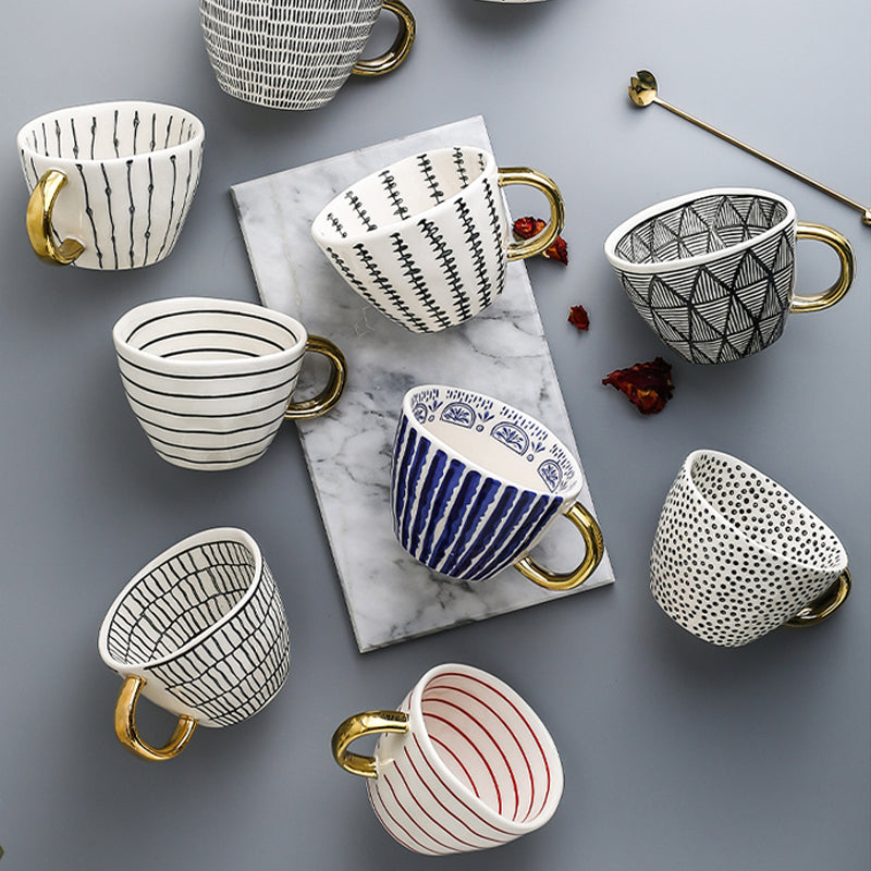 Handmade Geometric Ceramic Mugs With Gold Hand