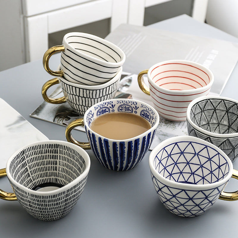 Handmade Geometric Ceramic Mugs With Gold Hand