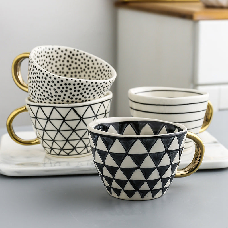 Handmade Geometric Ceramic Mugs With Gold Hand