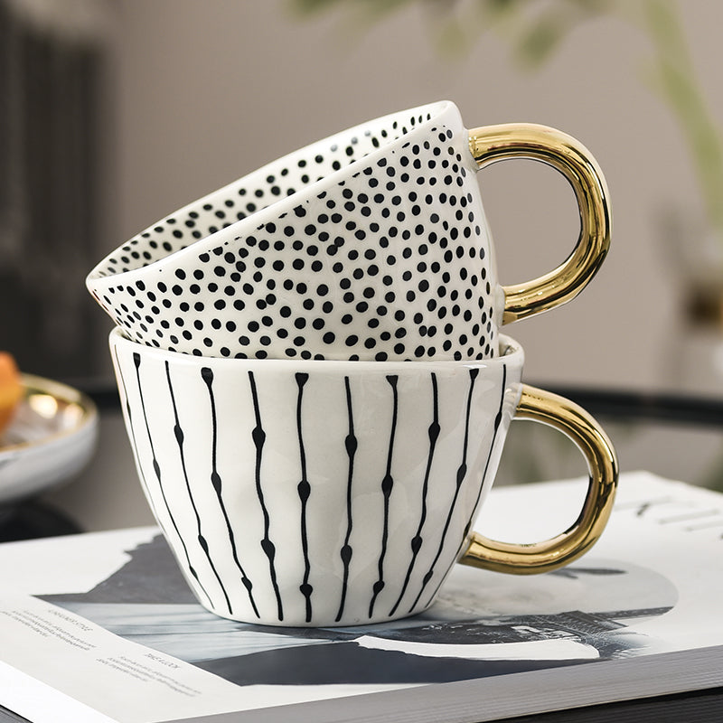 Handmade Geometric Ceramic Mugs With Gold Hand