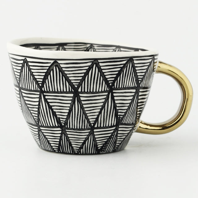 Handmade Geometric Ceramic Mugs With Gold Hand