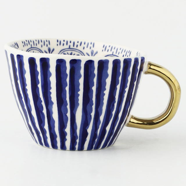 Handmade Geometric Ceramic Mugs With Gold Hand