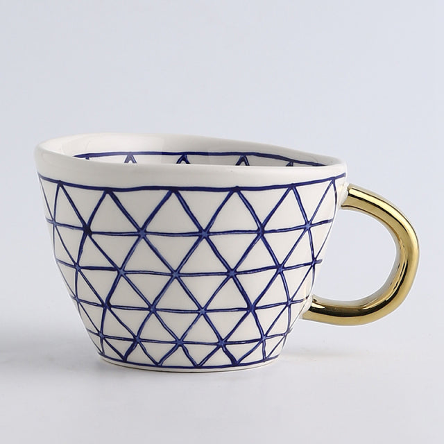 Handmade Geometric Ceramic Mugs With Gold Hand