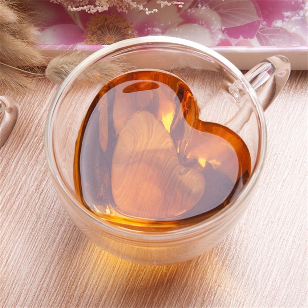 Heart Love Shaped Double Wall Glass Coffee Mug