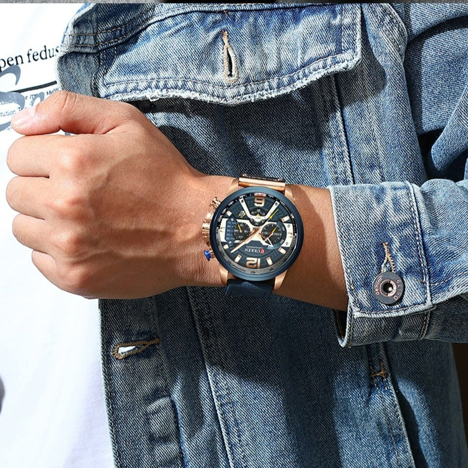 Orologi sportivi casual blu in pelle di lusso per uomo