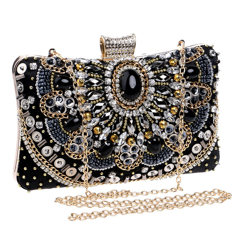 Vintage Women Black Beaded Evening Clutch Bag