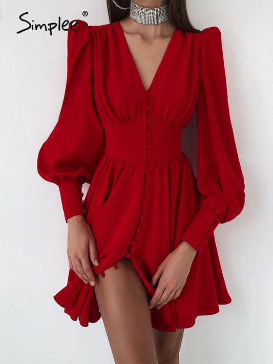 V-neck puff sleeves mini party dress