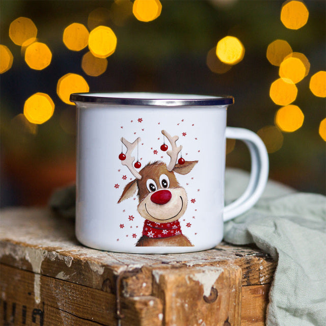 Snowman Deer Print Enamel Coffee Mugs