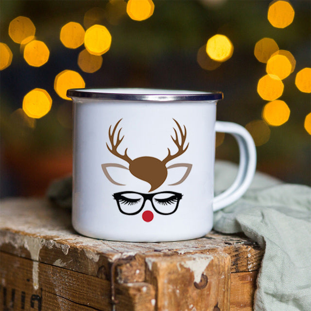 Snowman Deer Print Enamel Coffee Mugs