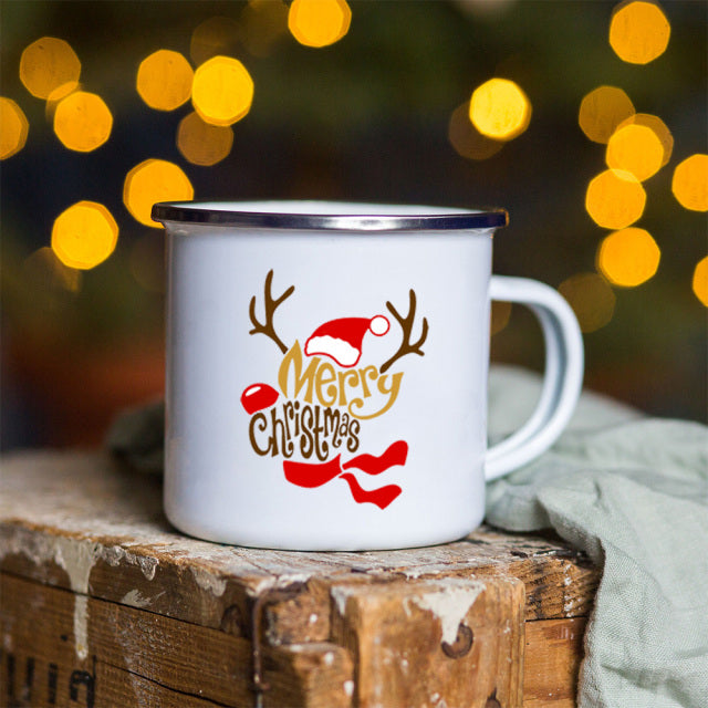 Snowman Deer Print Enamel Coffee Mugs