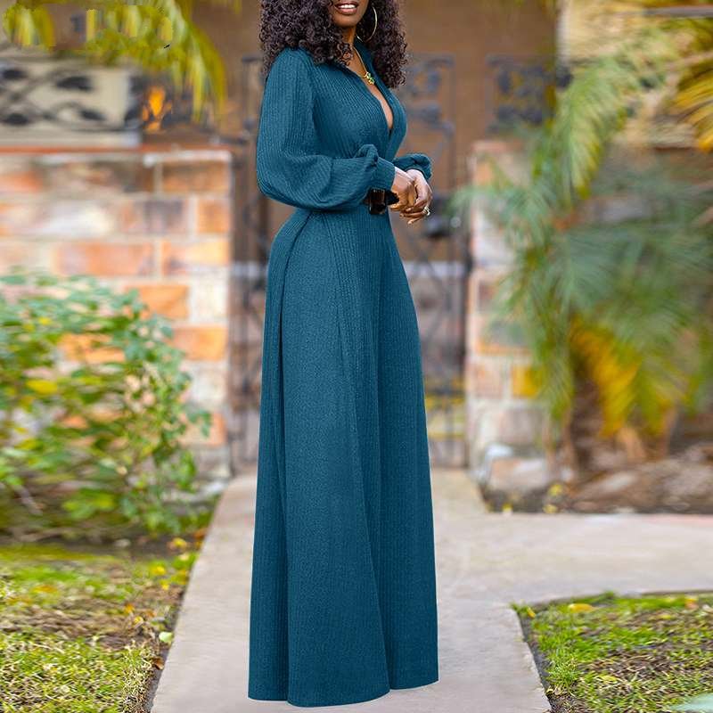 Elegant Puff Sleeve V Neck Wide Leg Jumpsuits