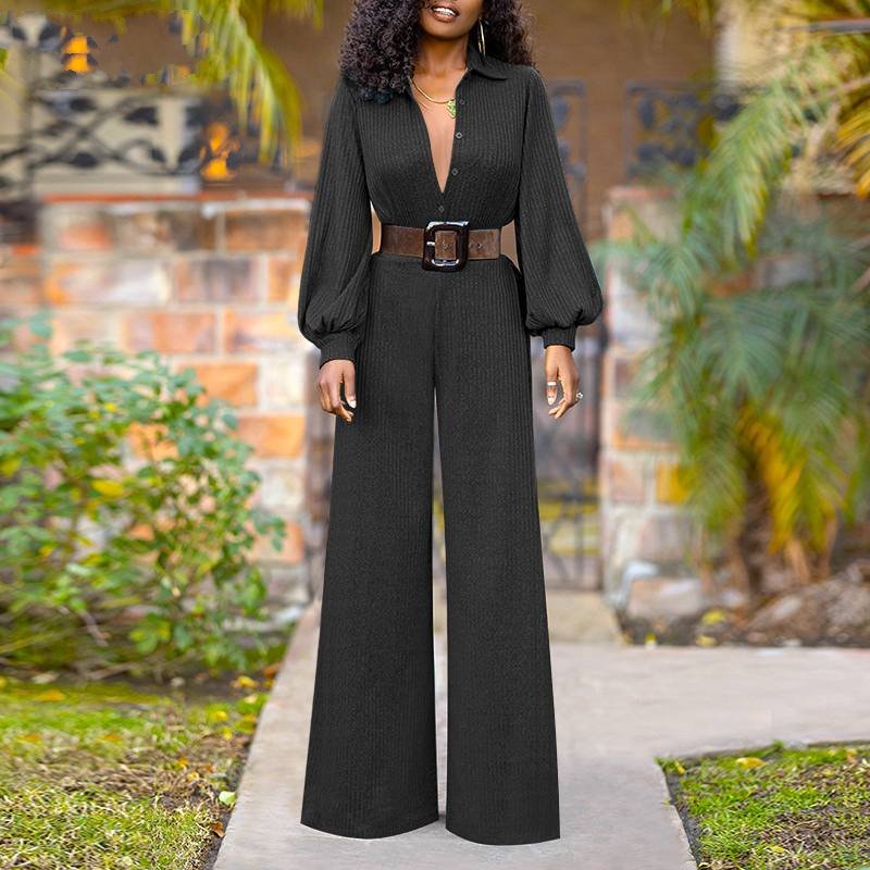 Elegant Puff Sleeve V Neck Wide Leg Jumpsuits