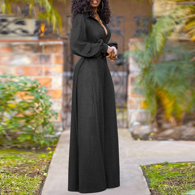 Elegant Puff Sleeve V Neck Wide Leg Jumpsuits