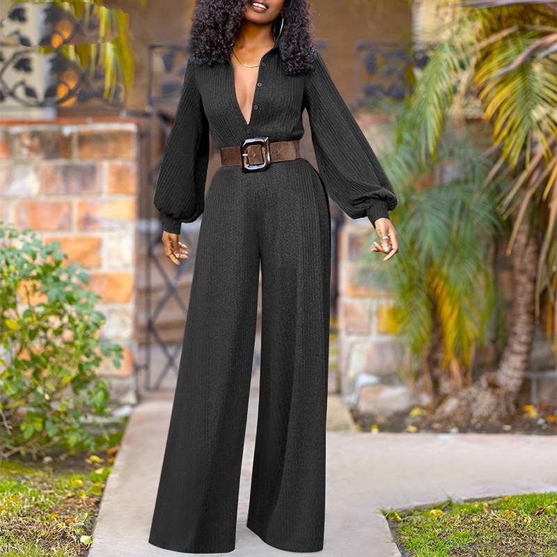 Elegant Puff Sleeve V Neck Wide Leg Jumpsuits