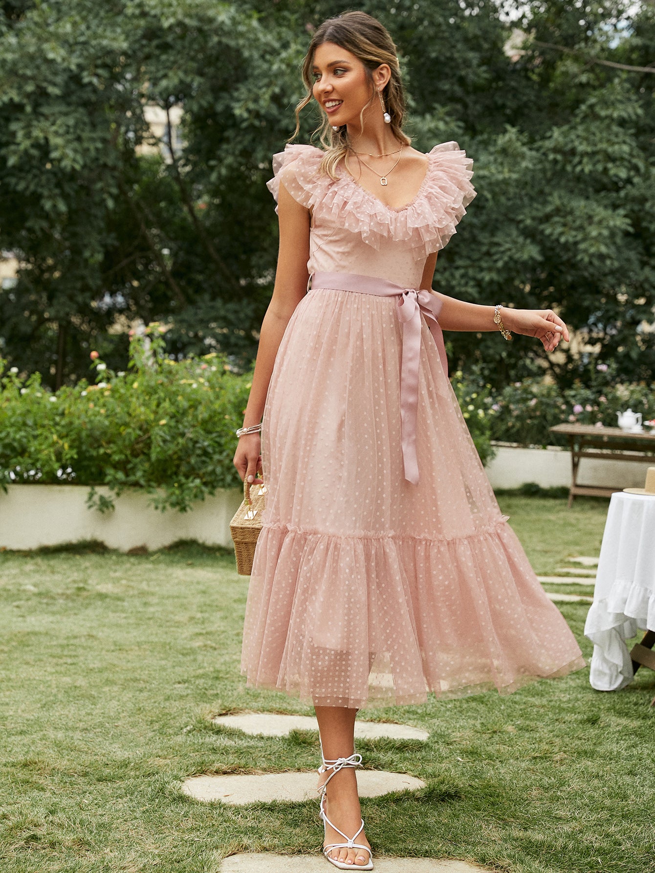 Elegant V-neck mesh polka dot dress