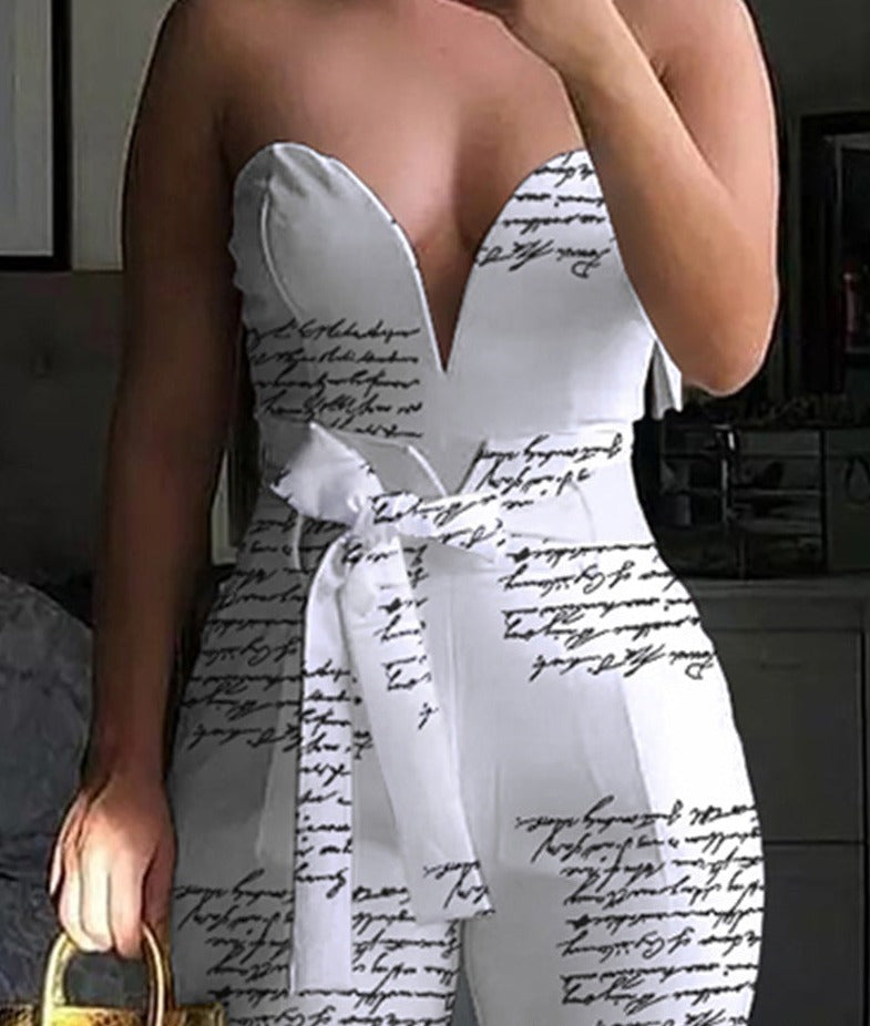 Rompers V-neck Sexy Letter Print White Tube Top Jumpsuit - with Belt
