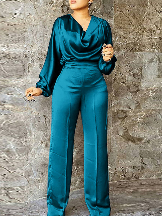 Silk Suit V Neck Puff Sleeve Jumpsuits