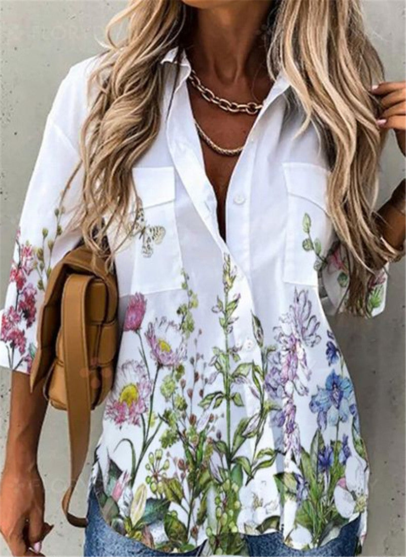 Elegant Floral Print Long Sleeve Blouse Casual Collar