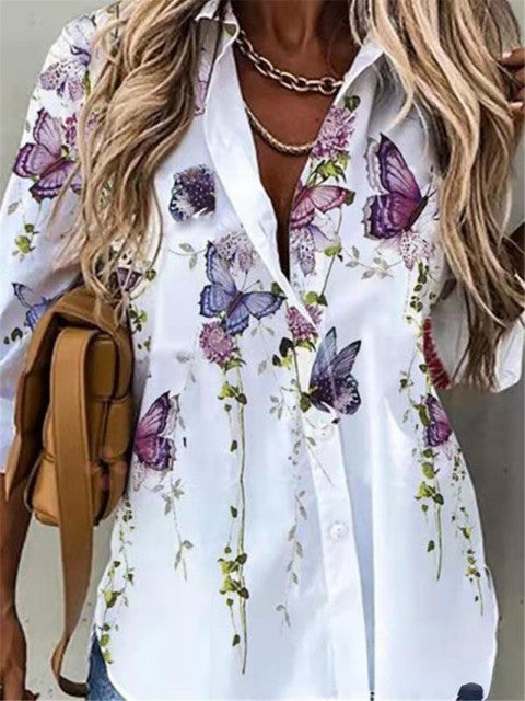 Elegant Floral Print Long Sleeve Blouse Casual Collar