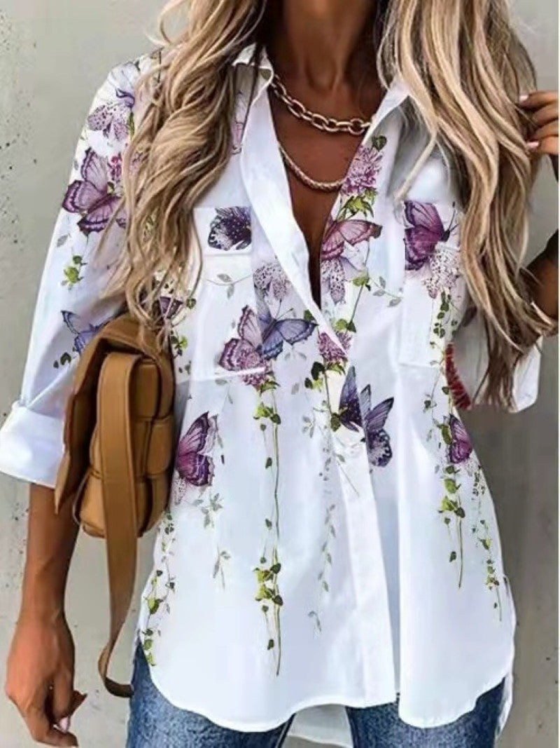 Elegant Floral Print Long Sleeve Blouse Casual Collar
