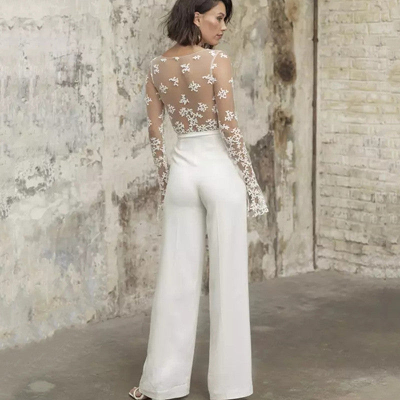 Elegant Bridal V-Neck Top Lace Long Sleeves Jumpsuit