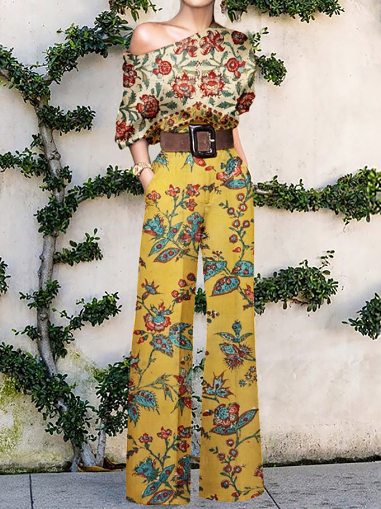 Summer Print Flora Sexy Off Shoulder Long Sleeve Jumpsuit