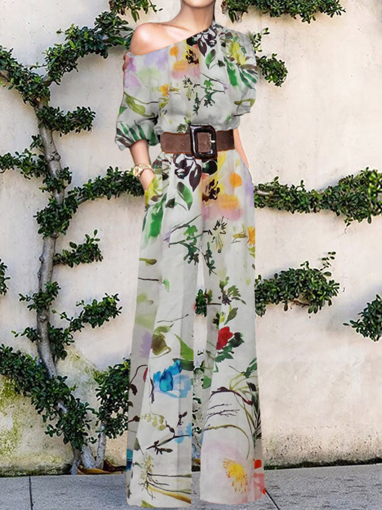 Summer Print Flora Sexy Off Shoulder Long Sleeve Jumpsuit