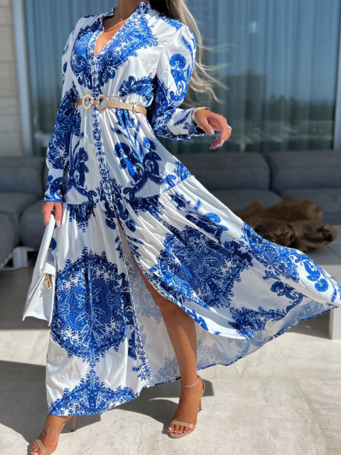 Elegant Printed Long Sleeve V Neck  Vintage Dress