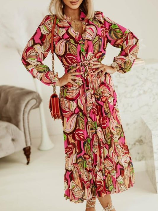 Elegant Pattern Print Boho Sexy V Neck Long Sleeve Chiffon Dress