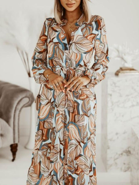 Elegant Pattern Print Boho Sexy V Neck Long Sleeve Chiffon Dress